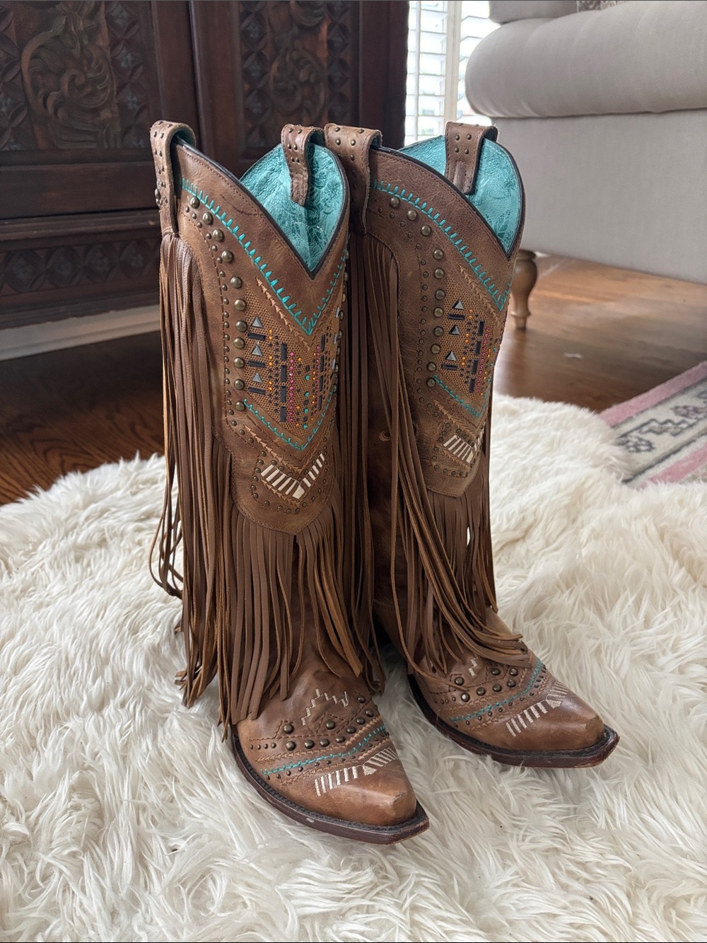 Corral Fringe Western Cowgirl Boots with Turquoise Accents